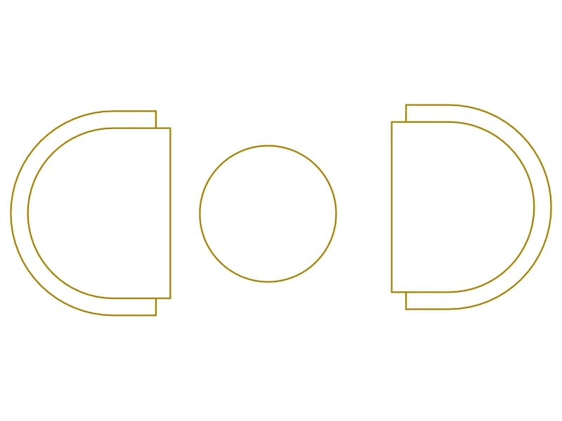 Plan-view CAD block of two tub chairs facing across a round coffee table