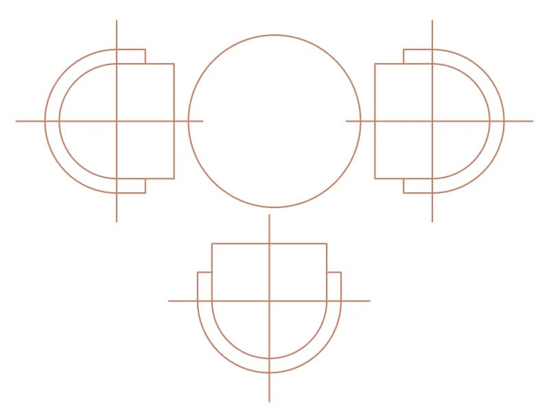 Plan-view CAD block of a round coffee table with three half-round chairs and centre lines