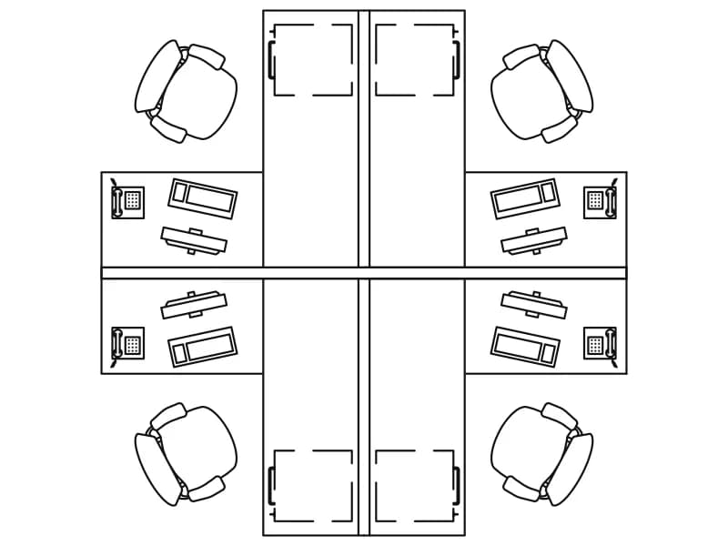 Plan-view CAD block of a four-desk office cluster with screens and chairs