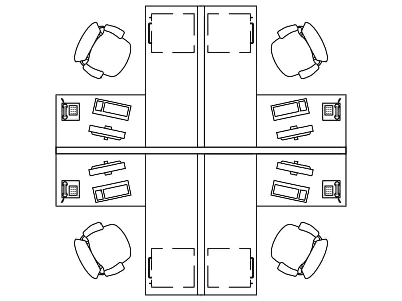 Plan-view CAD block of a four-person cross-shaped office workstation with chairs and computers