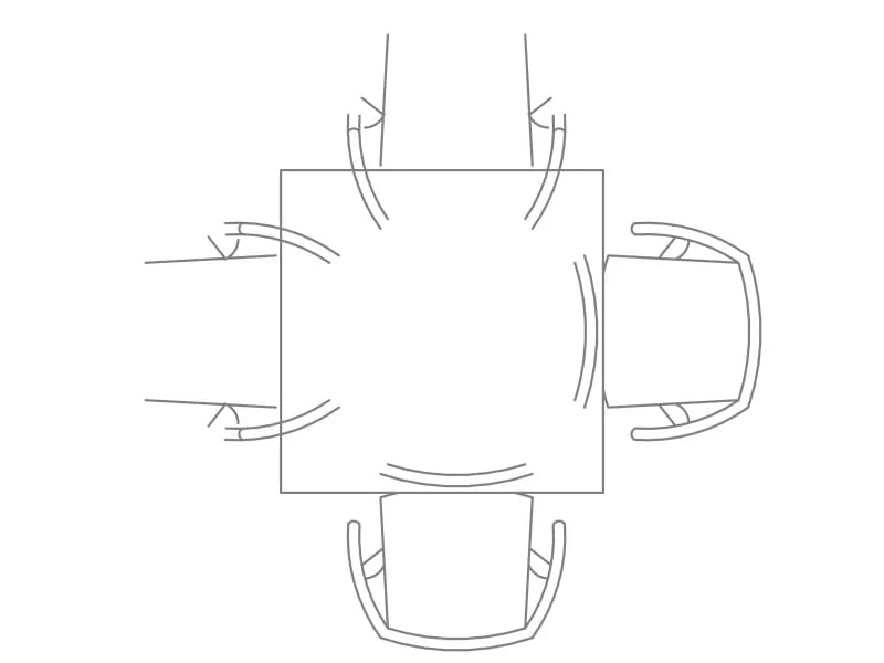 Plan-view CAD block of a square dining table with four armchairs
