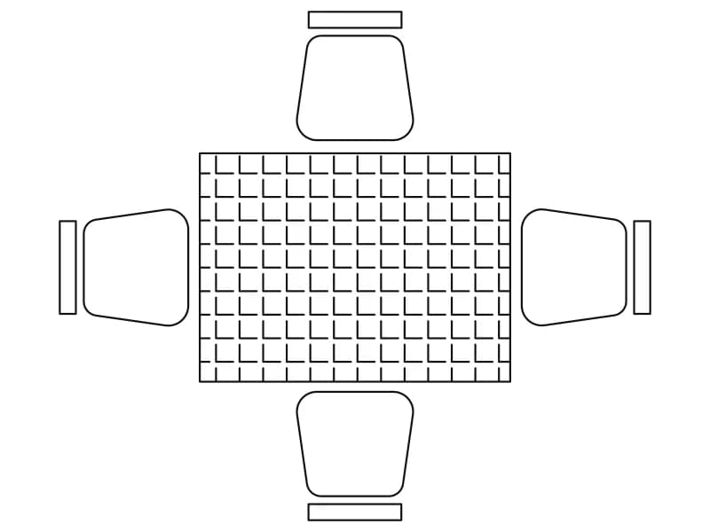Plan-view CAD block of a square table with a tiled top and four chairs