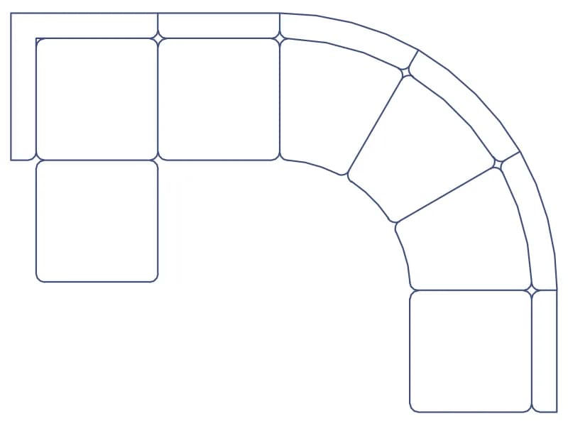 Plan-view CAD block of curved modular lounge seating drawn in blue