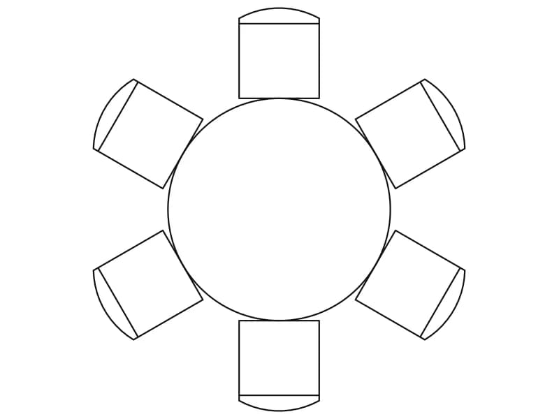 Plan-view CAD block of a round dining table with six chairs