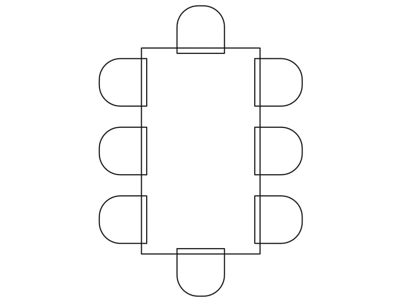 Plan-view CAD block of a rectangular dining table with eight chairs