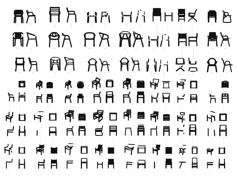 包含许多椅子和扶手椅的库图纸,具有正视图、侧视图、俯视图和透视图