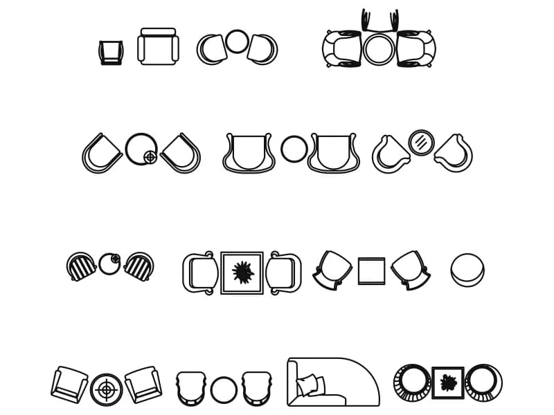 Sheet of twelve lounge armchair and table groups in plan view