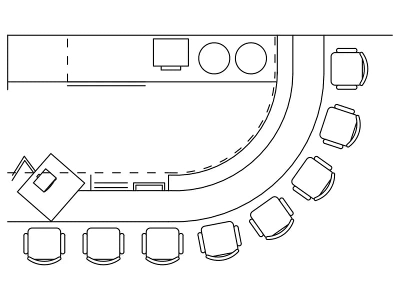 Plan-view CAD block of a curved bar counter with eleven stools and a back counter