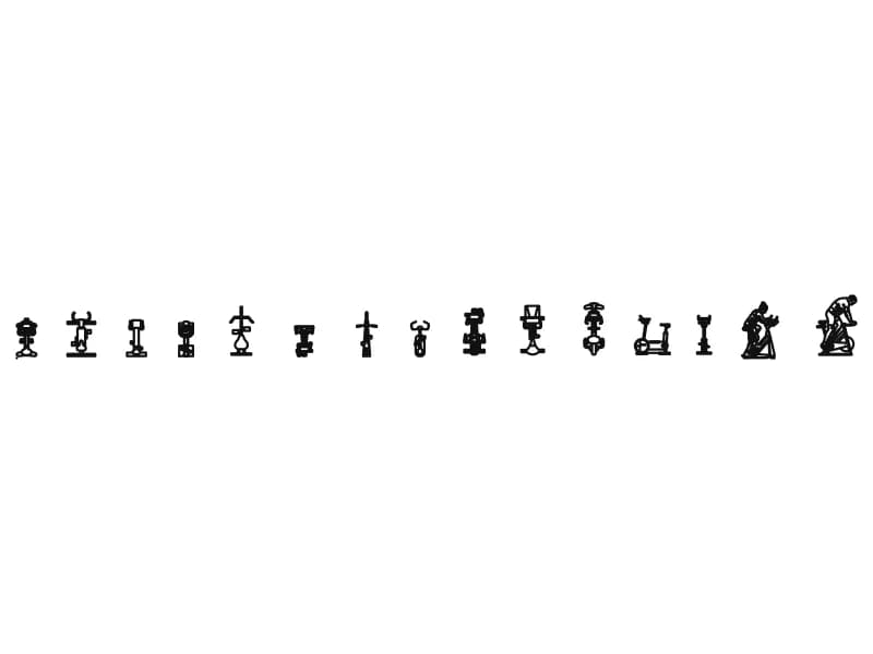 Fifteen exercise bike CAD blocks in plan with a side elevation and two riding figures