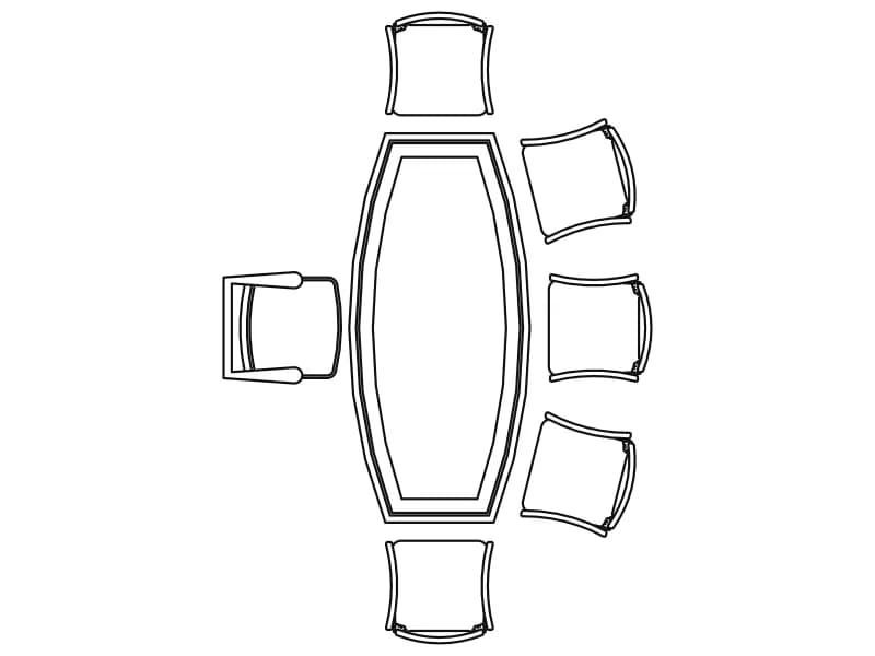 Plan-view CAD block of a boat-shaped conference table with eight chairs