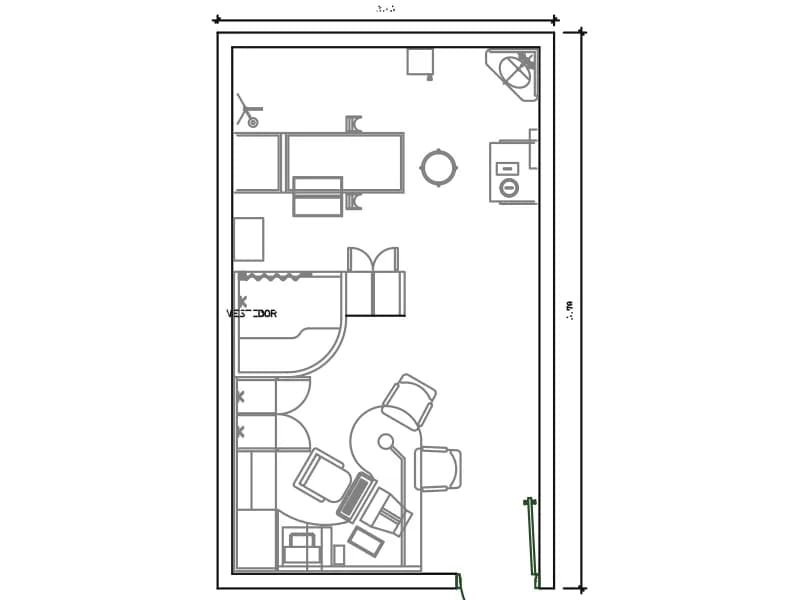 Plan of a hospital surgery room with treatment counter, changing cubicle and consulting desk