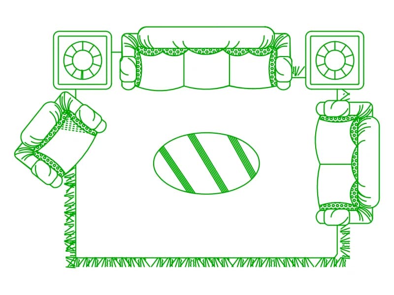 Plan-view CAD block of a living room with sofa, armchairs, lamps, oval table and fringed rug in green