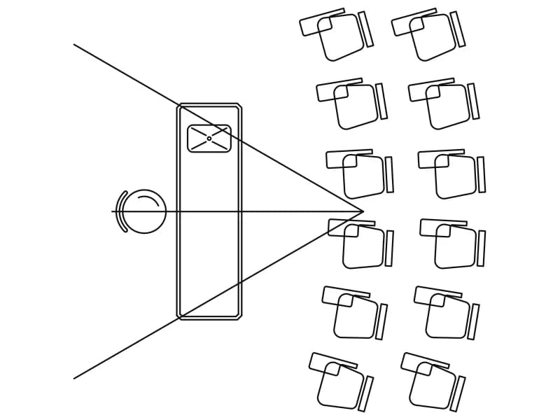 Plan-view CAD block of a classroom with a teacher's desk, projection cone and twelve tablet chairs