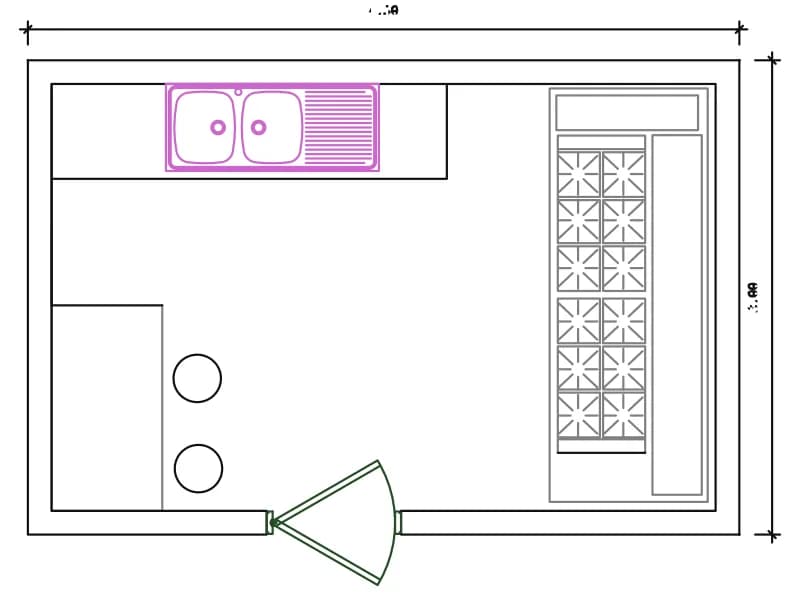 Plan of a hospital kitchen with double-bowl sink, two-burner hob and tall shelving rack