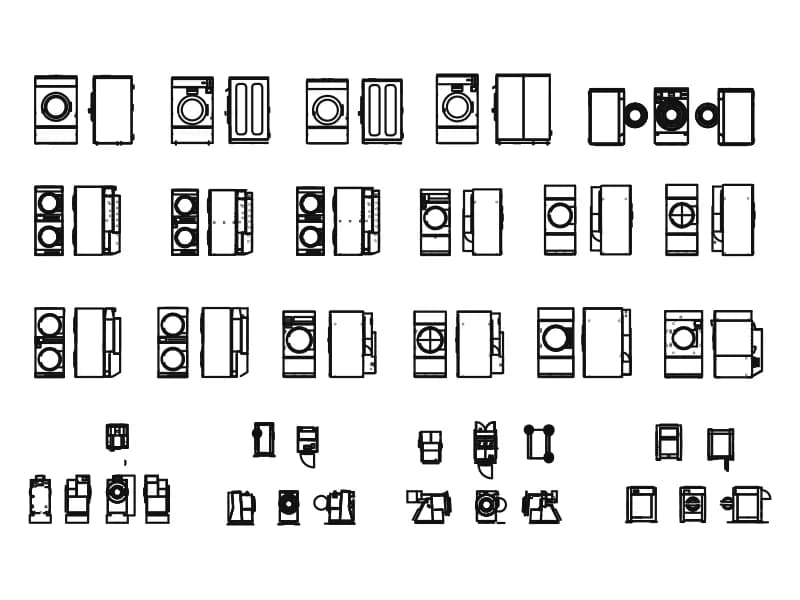 洗濯機や乾燥機を含む、正面図と側面図の業務用ランドリー機器のシート
