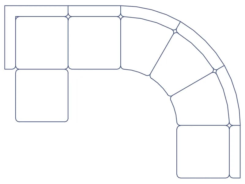Plan-view CAD block of a modular sectional sofa with a curved corner in blue