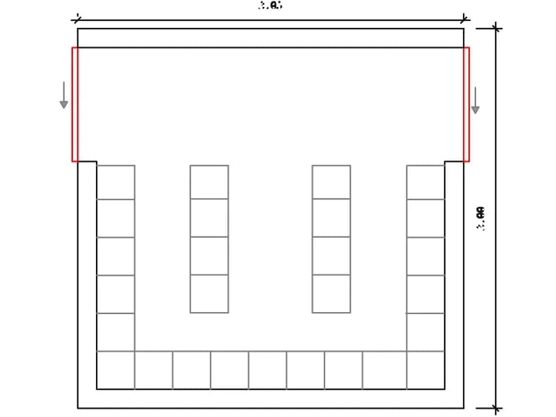 Plan of a hospital clean linen store with U-shaped shelving and two island racks
