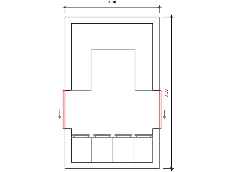 Plan of a hospital soiled linen store with four wheeled hampers and a shelf bench