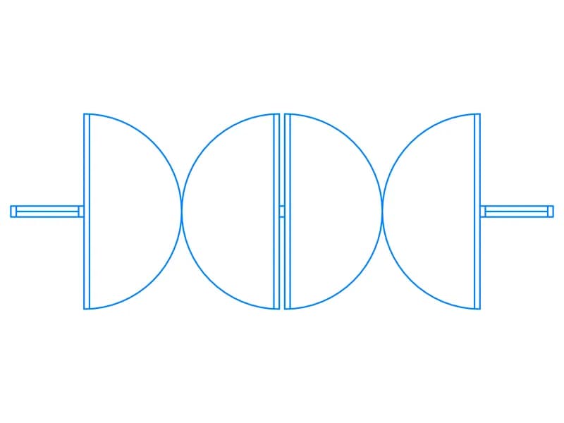 Plan-view CAD block of double-acting double doors with swing circles between wall stubs