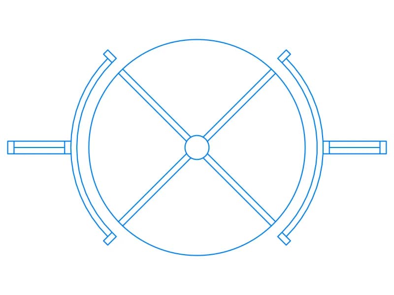 Plan-view CAD block of a four-wing revolving door with curved enclosure walls