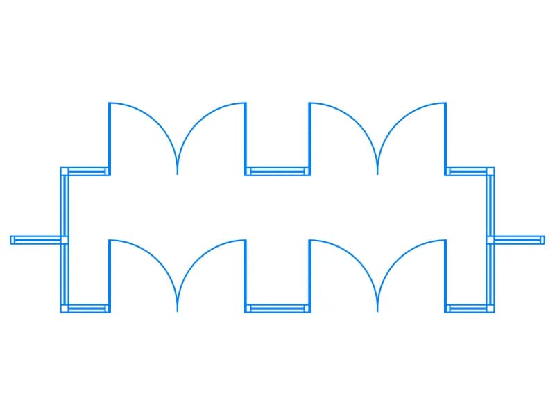 Plan-view CAD block of double doors in two parallel walls with quarter-arc swings