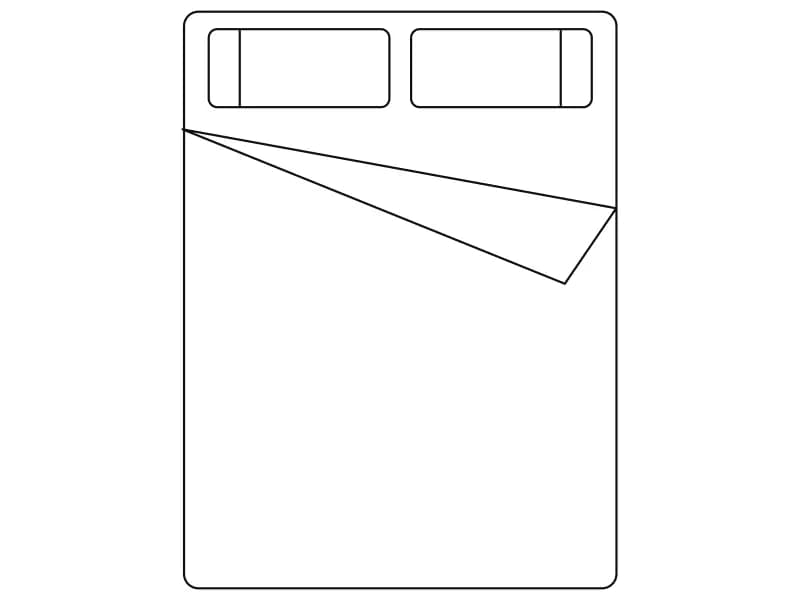 Plan-view CAD block of a double bed with two pillows and a folded sheet corner