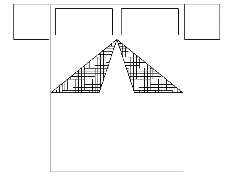 Plan-view CAD block of a double bed with two pillows, hatched blanket and two nightstands