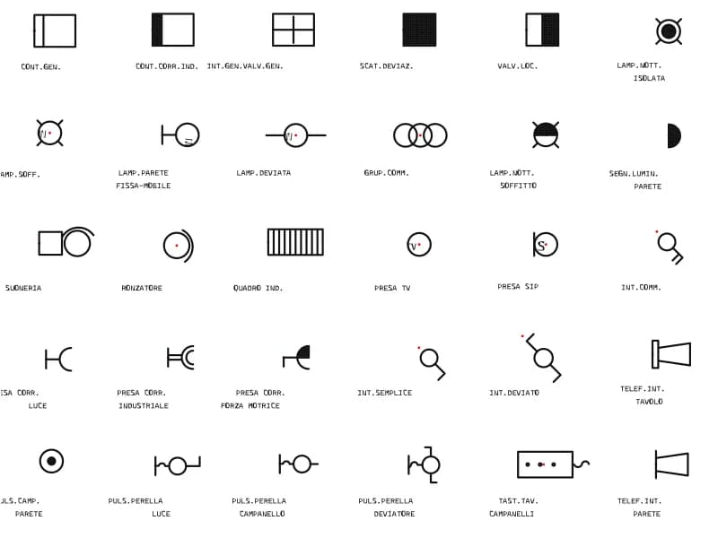 Grid of thirty residential electrical symbols with Italian captions