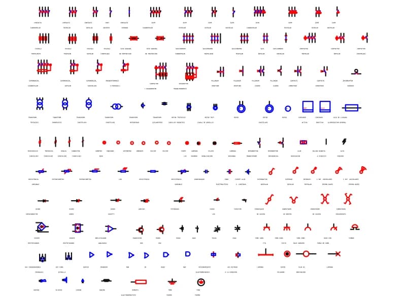 Legend sheet of about two hundred single-line electrical symbols with Spanish labels