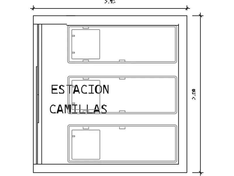 Plan of a hospital stretcher bay with three patient trolleys parked side by side