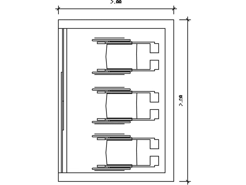 Plan of a hospital wheelchair station with three wheelchairs parked against a wall