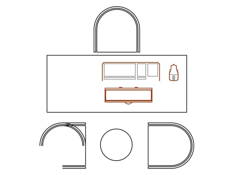 Plan-view CAD block of an executive desk with computer, arched-back chair and two visitor chairs