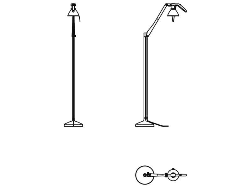 Floor lamp CAD block: upright and articulated reading lamp elevations with a plan of the base