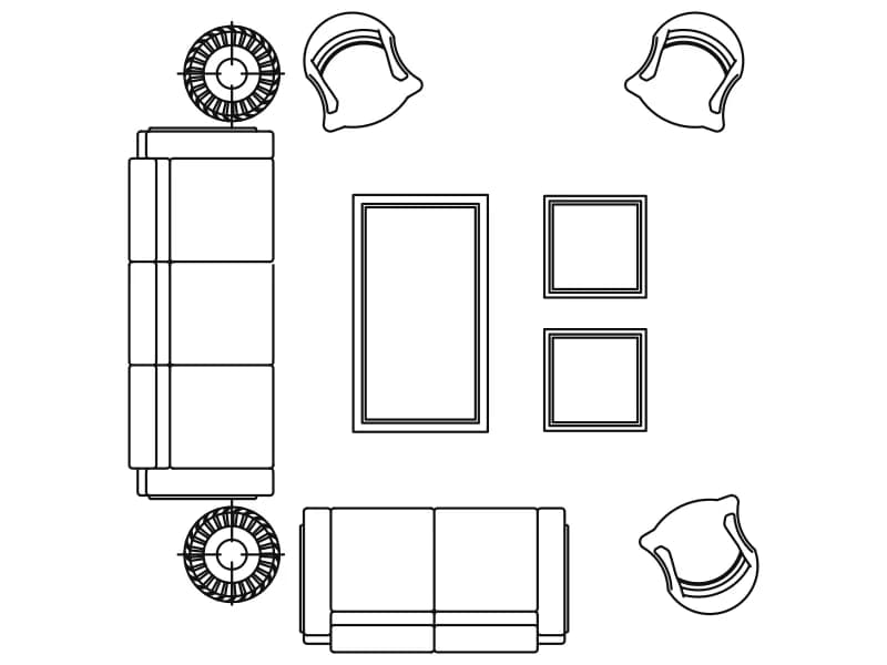 Plan-view CAD block of a full living room set with sofas, armchairs and tables