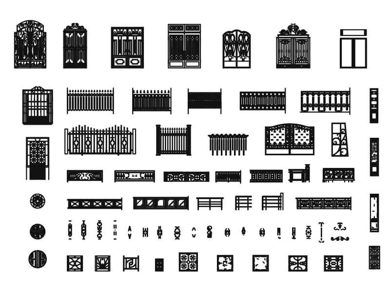 Sheet of sixty-seven ornamental iron gate and fence panel elevations