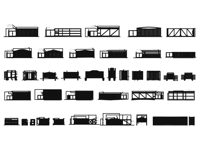 Detail sheet of chain-link and iron fence panels, gates, hardware and footings