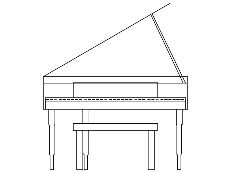 Front elevation CAD block of a grand piano with open lid and bench in yellow