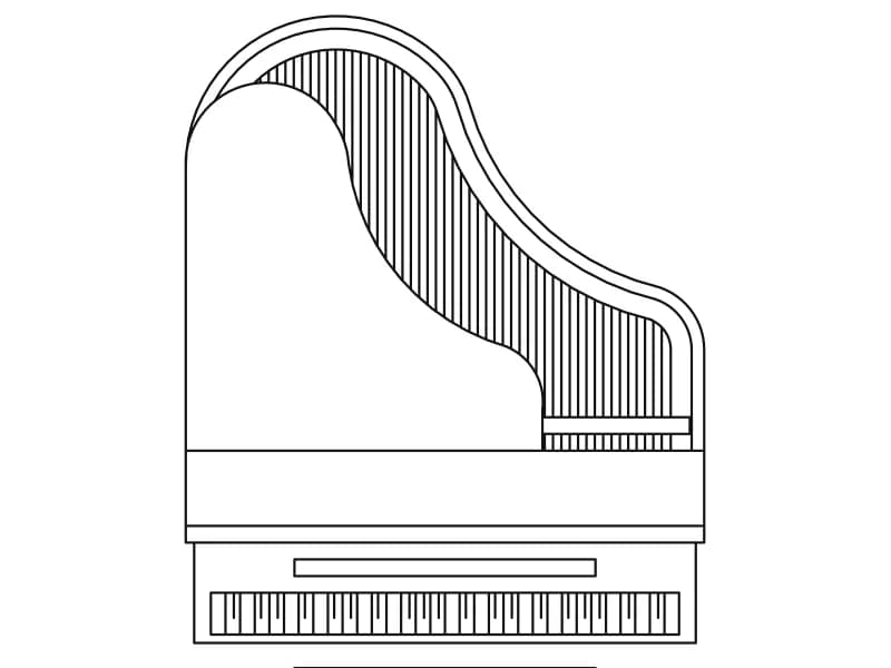 Plan-view CAD block of a grand piano with open lid and bench