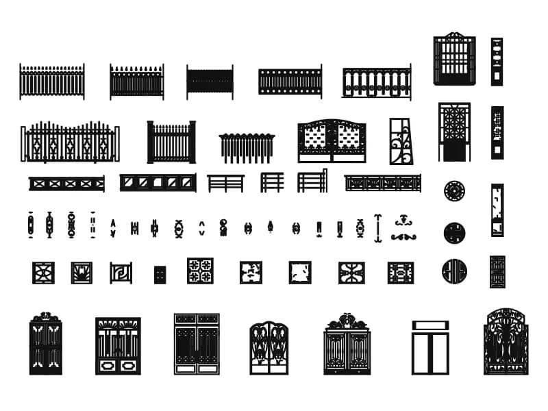 Sheet of wrought iron elevations: railings, gates, balustrades, grilles and scroll motifs