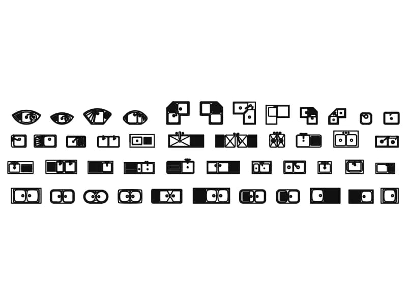 Sheet of forty-five kitchen sink CAD blocks in plan, including round, square and corner bowls