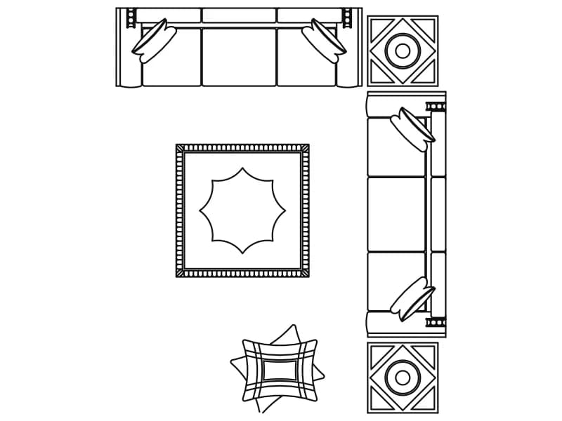 Plan-view CAD block of an L-shaped living room with two sofas, side tables and a star-motif rug