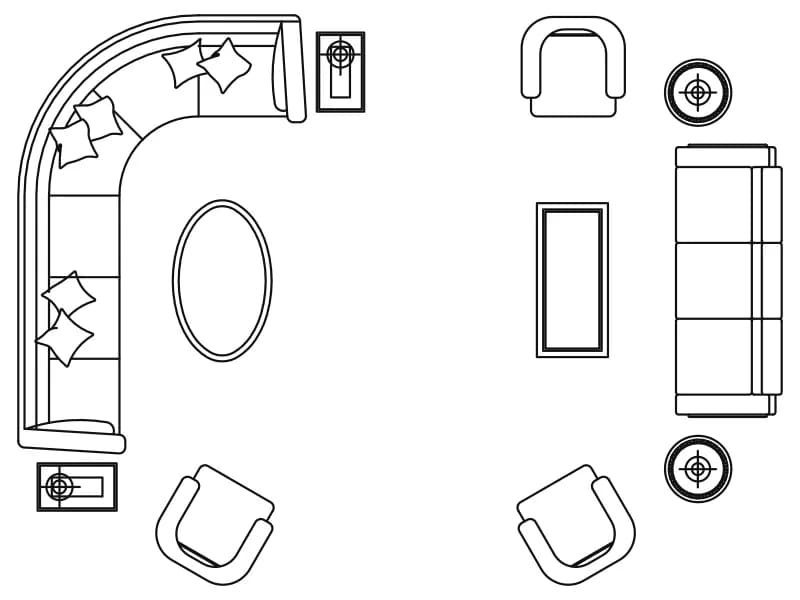 Plan-view CAD block of a large living room with two seating groups, lamps and tables