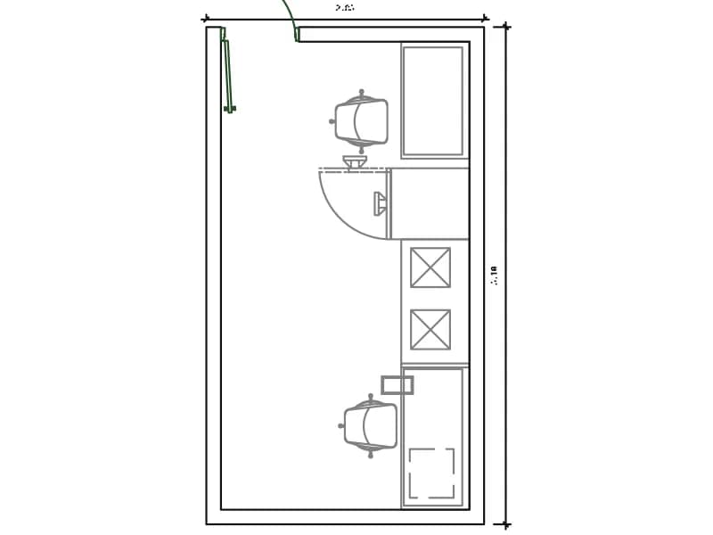Plan of a hospital wash and sterilisation room with sinks, autoclaves and a hatch