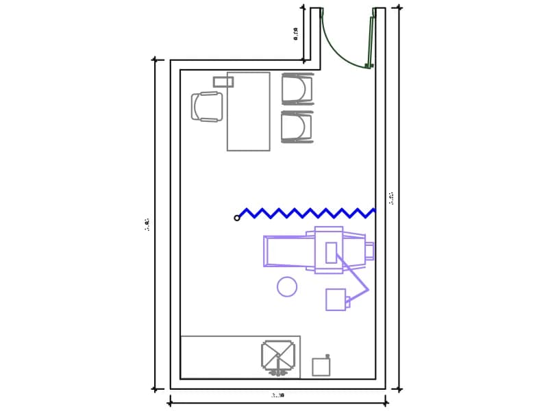 Plan of a dental surgery room with dental chair, delivery arm, light and spittoon