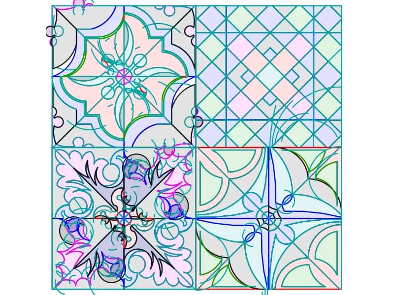 أربعة أنماط بلاط أرضي أسمنتي ملون مرتبة كلوحة CAD اثنين في اثنين