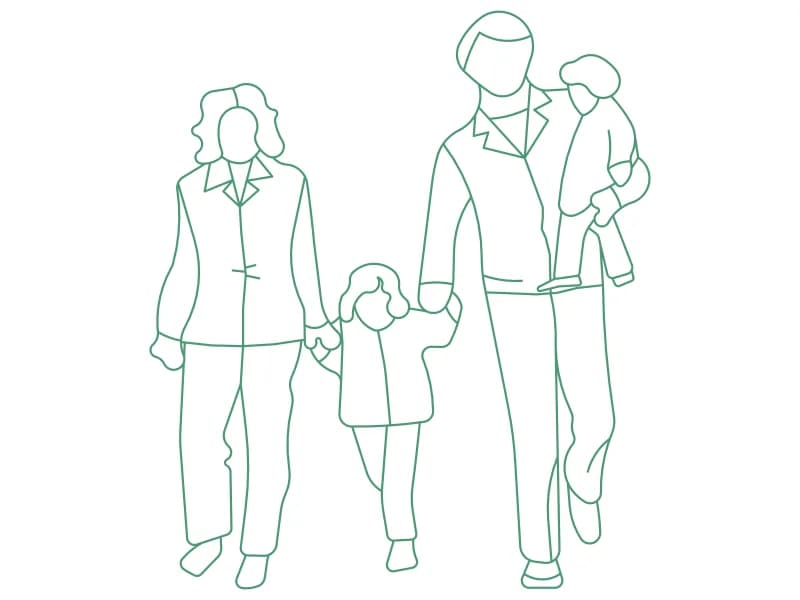 CAD block of a family of four walking forward in front elevation