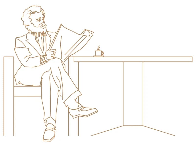 CAD block of a seated man reading a newspaper at a café table with a cup