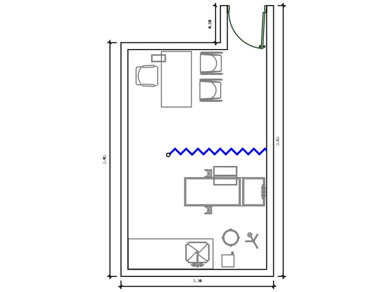 Plan of a psychology consulting room with desk, two chairs and an examination couch
