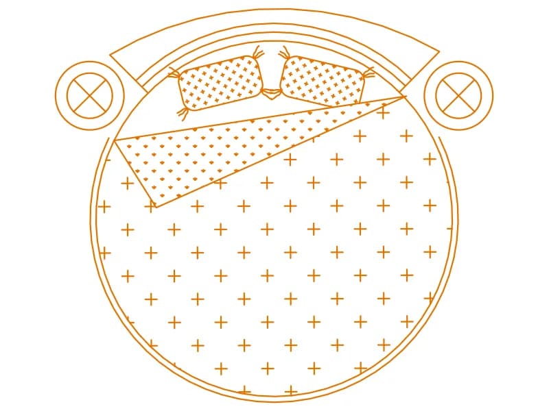 Plan CAD block of a round double bed with a curved headboard and two round nightstands