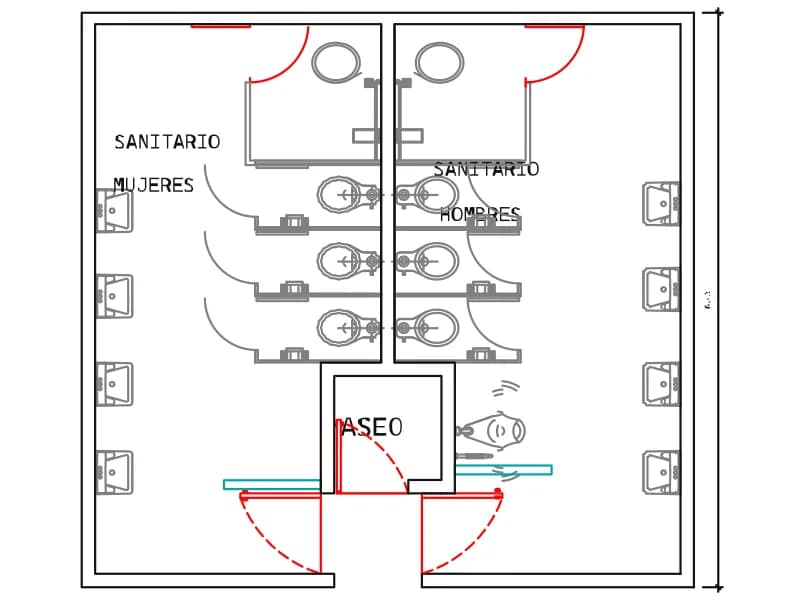 Plan of mirrored men's and women's hospital toilets with cubicles, basins and a cleaner's room